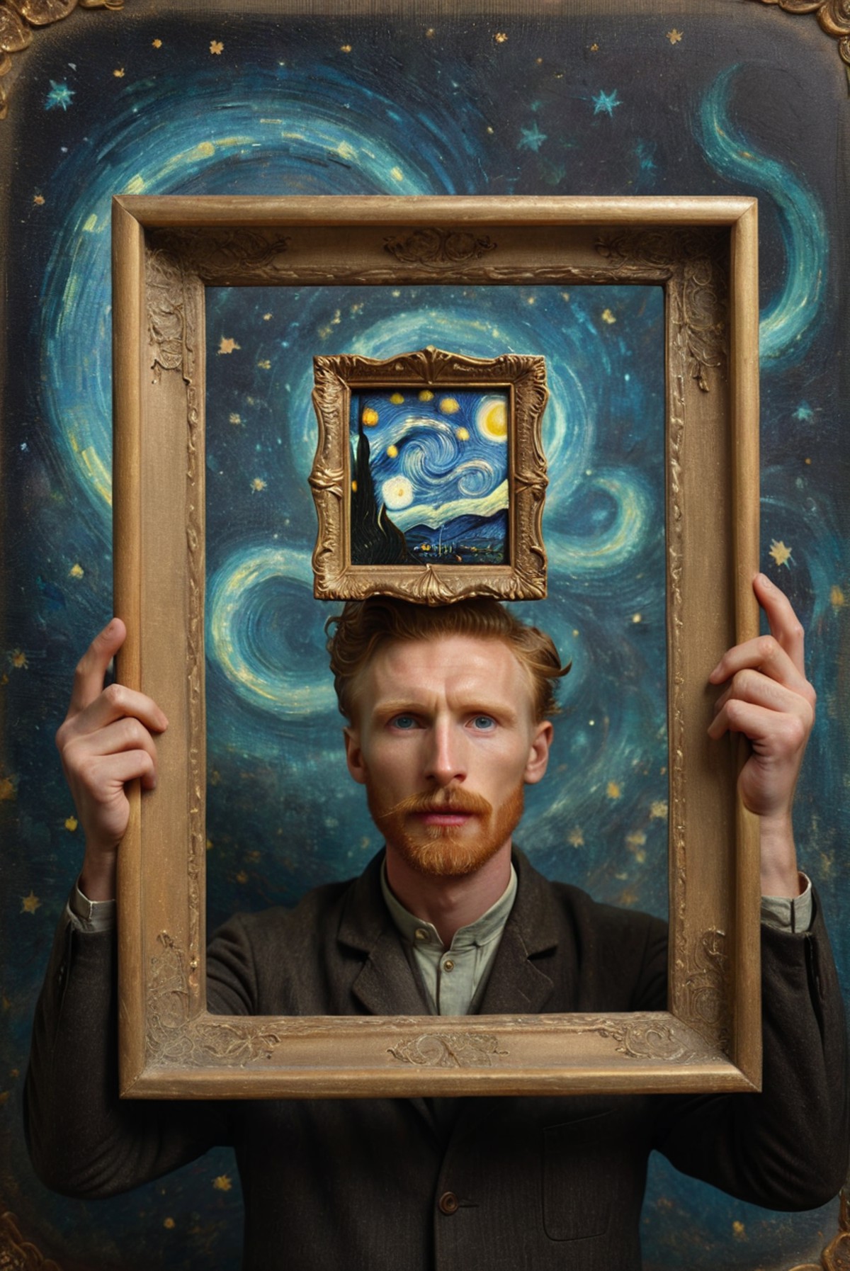 Super cute Van Gogh holding a picture frame in both hands, his head peeking out from the frame with a blank background, we...